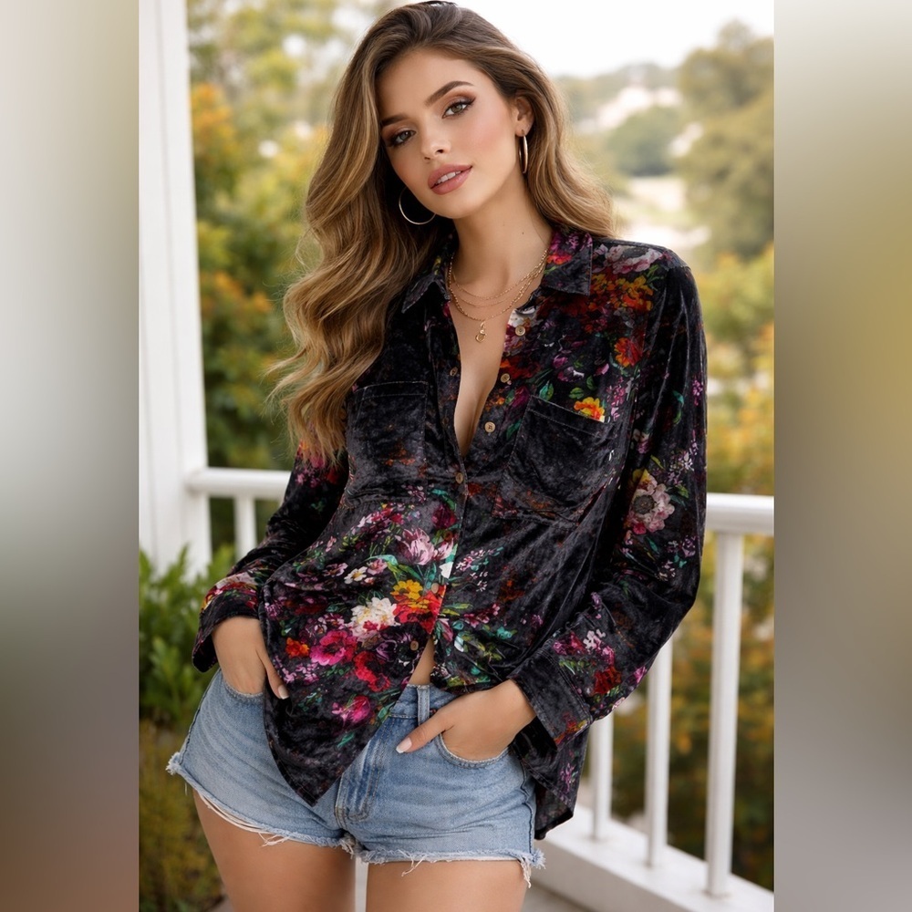 Pilcro Floral Velvet Button-Down Top shirt Medium (Anthropologie) the Hadley
